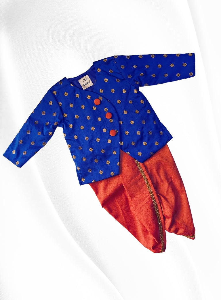 Royal Blue brocade silk overlap kurta and Rust cotton silk dhoti set f Soyara Ethnics Studio