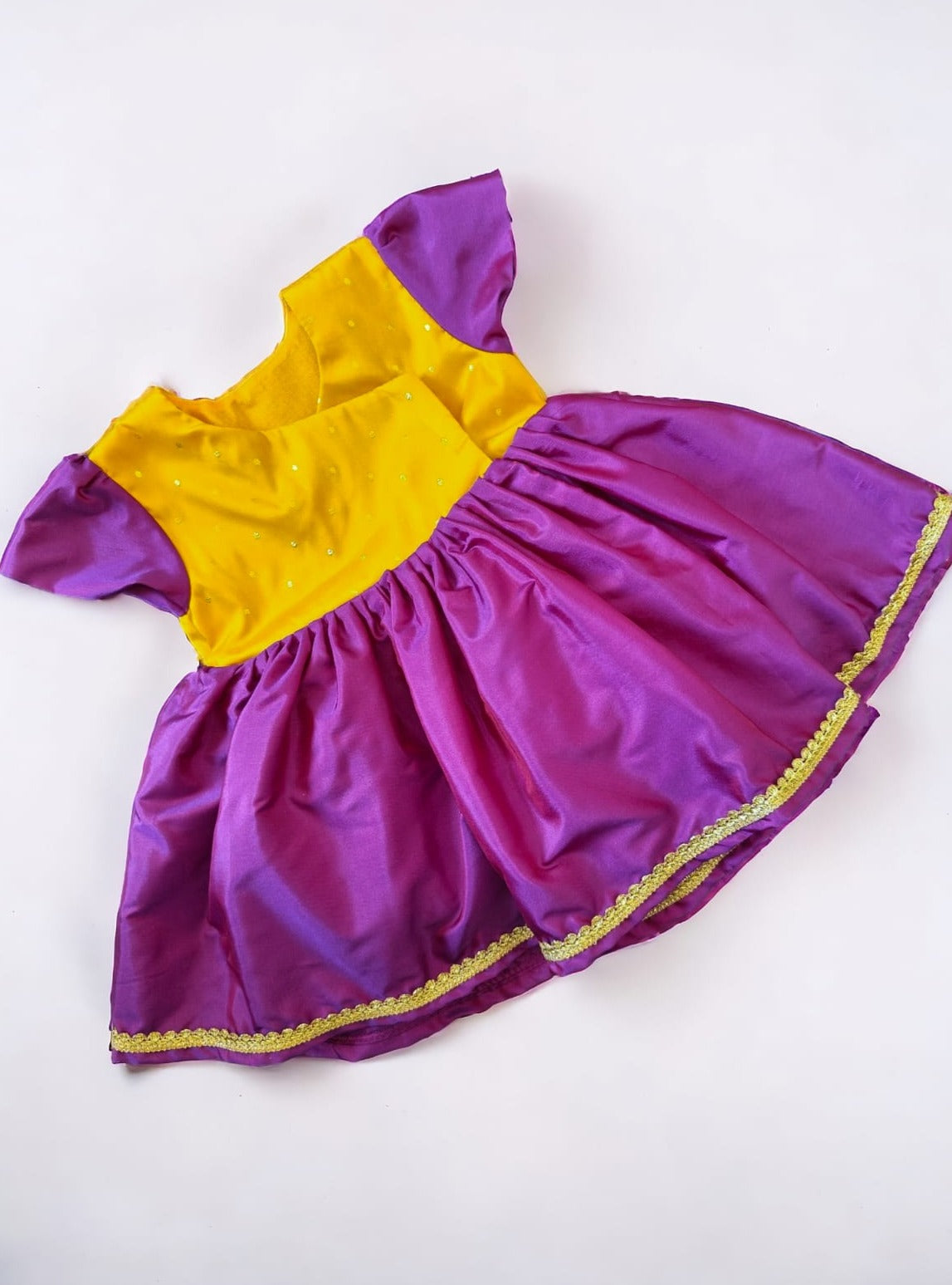 Yellow brocade and Purple Mysore silk front open naming ceremony dress Soyara Ethnics Studio