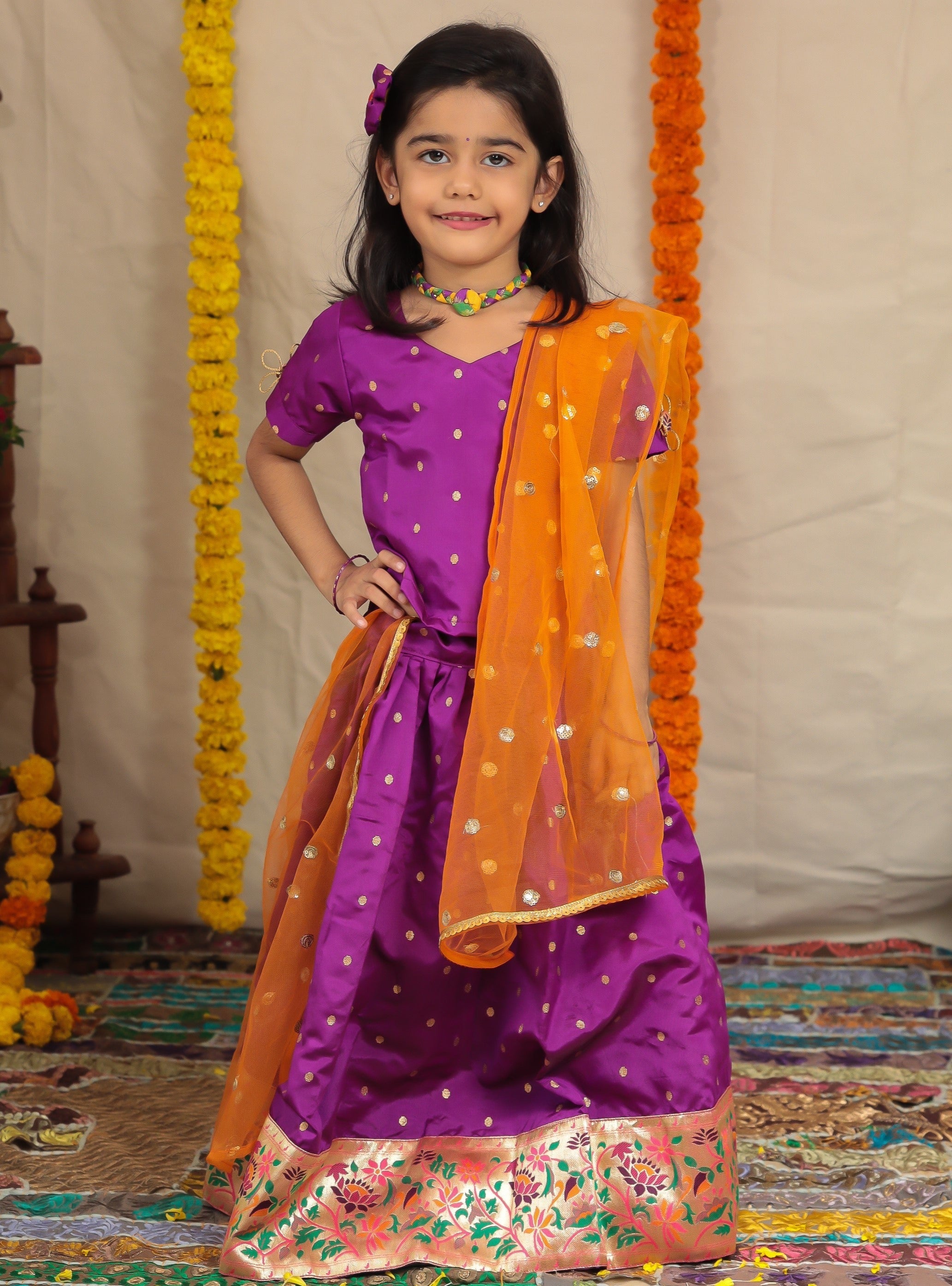Purple Tie And Dye Ghagra-Choli Set With Embroidery For Girls – Lagorii Kids