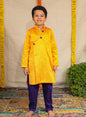 Mango coloured raw silk kurta and Purple cotton silk salwar set.Kurtas with collar or Angrakha pattern teamed with salwar are the best choice for any festive occasion for boys. They are Trendy, Easy to wear and comfortable to carry.