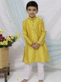 Enhance your traditional ensemble with this Olive yellow cotton silk kurta for Boys. Featuring a stand collar, orange placket detailing, and golden buttons, it can be paired with salwar or jeans for a stylish and comfortable look.