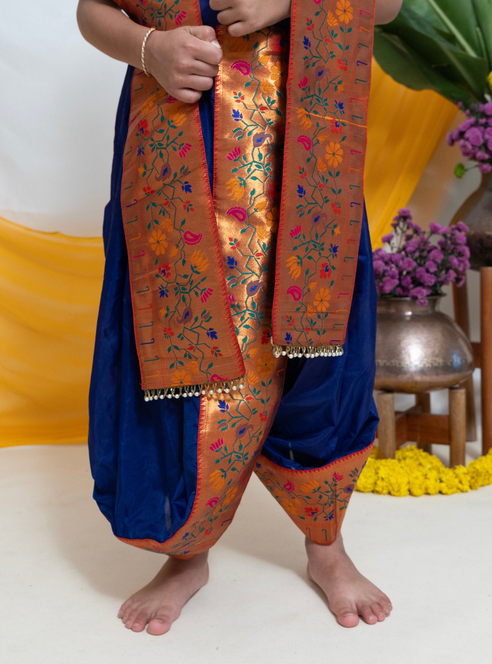 Ink Blue Mysore Silk Dhoti/Soval/Kad & Shawl/Upran/Shela with Paithani jari Border Set for Batu.Pre-stitched sovale uparane set includes Ready to wear Sovale & Uparane/Upavastra.Can be paired with a short kurta.This Set is ideal for rituals like Matrubhojan,Muhurt during Munj/Upanayan/Vratabandha/Thread Ceremony.