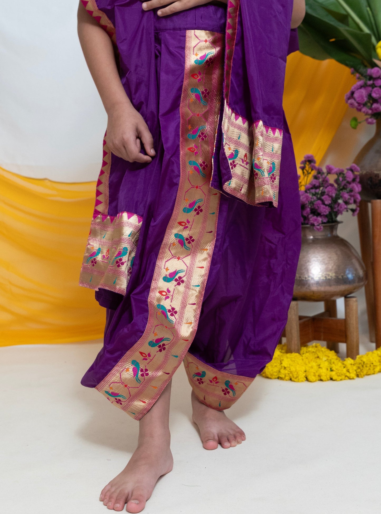 Deep Purple Mysore Silk Dhoti/Soval/Kad & Shawl/Upran/Shela with Paithani jari Border Set for Batu.Pre-stitched sovale uparane set includes Ready to wear Sovale & Uparane/Upavastra.Can be paired with a short kurta.This Set is ideal for rituals like Matrubhojan,Muhurt during Munj/Upanayan/Vratabandha/Thread Ceremony.