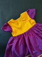 Yellow brocade & Purple silk front open dress for new born Baby Girl provides max comfort. It's the perfect outfit for your baby's naming ceremony , naamkaran or annaprashan ceremony. Traditional and ethnic dress for Noolukettu Ceremony, Pachavi Puja, cradle ceremony,Rice Ceremony,Chatti Puja etc. Apt gifting idea.