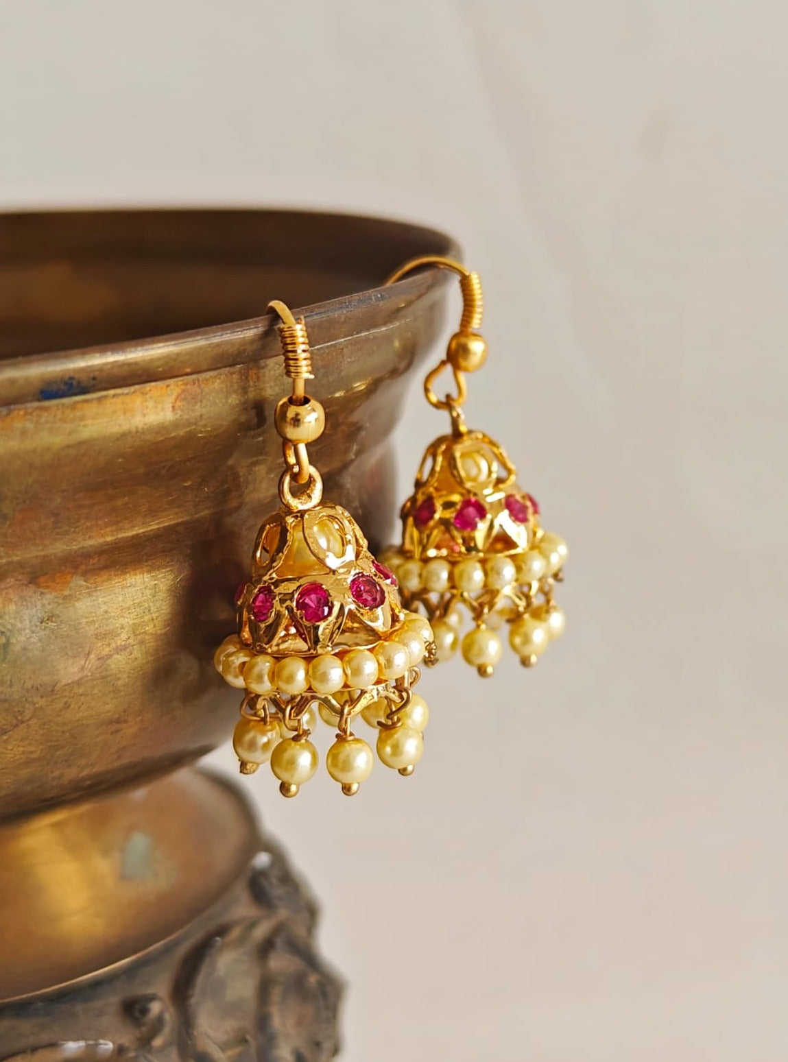 Pearls Jhumka - big size. Gold plated copper and silver alloy, make these jhumkas stay shiny as new for years. A must have piece of jewellery for a little girl. Adorn your princess with head to toe premium quality handcrafted accessories made from allergy free, best quality materials.