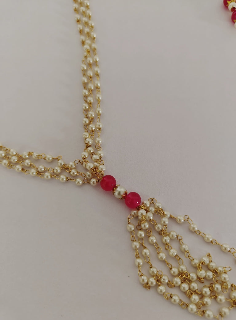 Pearls and pink glass beads Mundavali and Janave combo for Brahmavadini