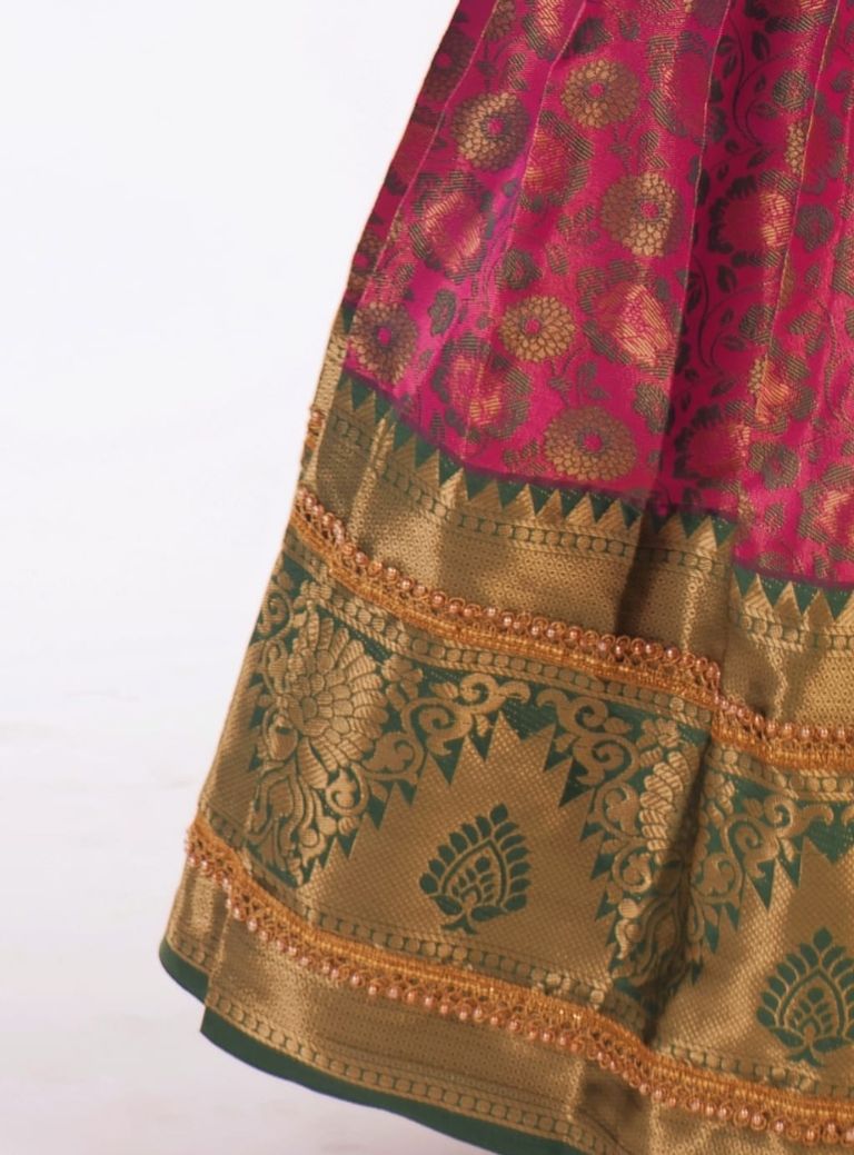 Pink and Dark Green woven banarasi jacquard brocade Pattu Pavada Parkar Polka set with a heavy yoke pattern for Girls