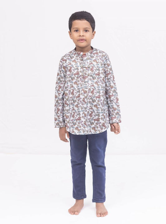 White satin cotton Paisley printed short kurta with detailed placket pattern for Boys