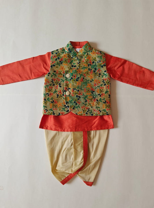 orange cotton silk round neck kurta, Golden cotton silk dhoti with Tussar silk Jacket for Baby Boy.It's the perfect outfit for your baby's naming ceremony,naamkaran,annaprashan ceremony.Traditional dress for Noolukettu Ceremony,Pachavi Puja,cradle ceremony,Rice Ceremony,Chatti Puja etc. Apt gifting idea