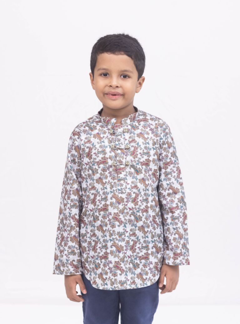 White satin cotton Paisley printed short kurta with detailed placket pattern for Boys