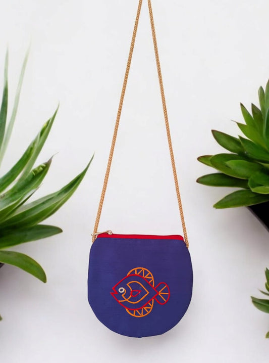 'Fish purse' a cute U shaped palm sized purse with a machine embroidered motif- Royal Blue