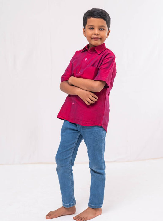 Crimson Plain Raw silk half sleeved shirt for Boys