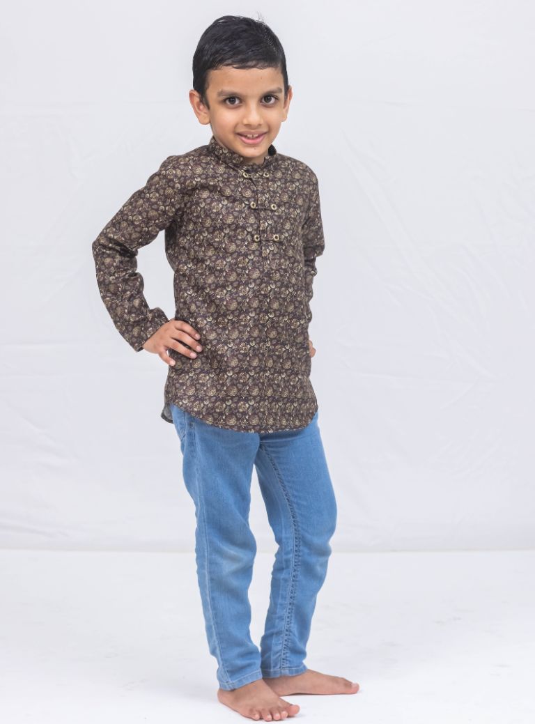 Coffee brown satin cotton Paisley printed short kurta with detailed placket pattern for Boys