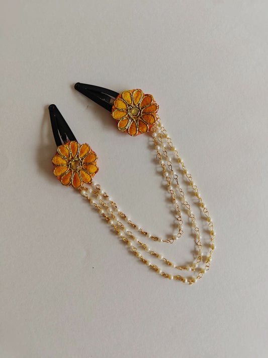 Yellow two flowers triple layer Pearl chain Hairclips for Girls