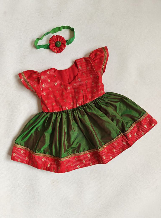 Bright Red brocade silk bodice with Bottle Green malai silk front open Newborn dress with wide brocade