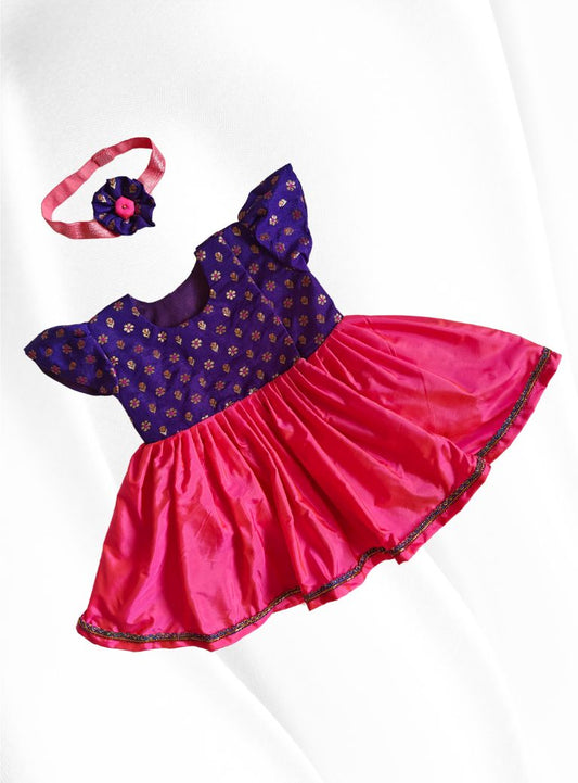 Purple  brocade with hot pink silk front open newborn baby girl frock for naming ceremony with bonnet,bloomer & booties.It's the perfect outfit for your naamkaran or annaprashan ceremony.Traditional dress for Noolukettu Ceremony,Pachavi Puja,cradle ceremony,Rice Ceremony,Chatti Puja etc.Apt gifting idea 