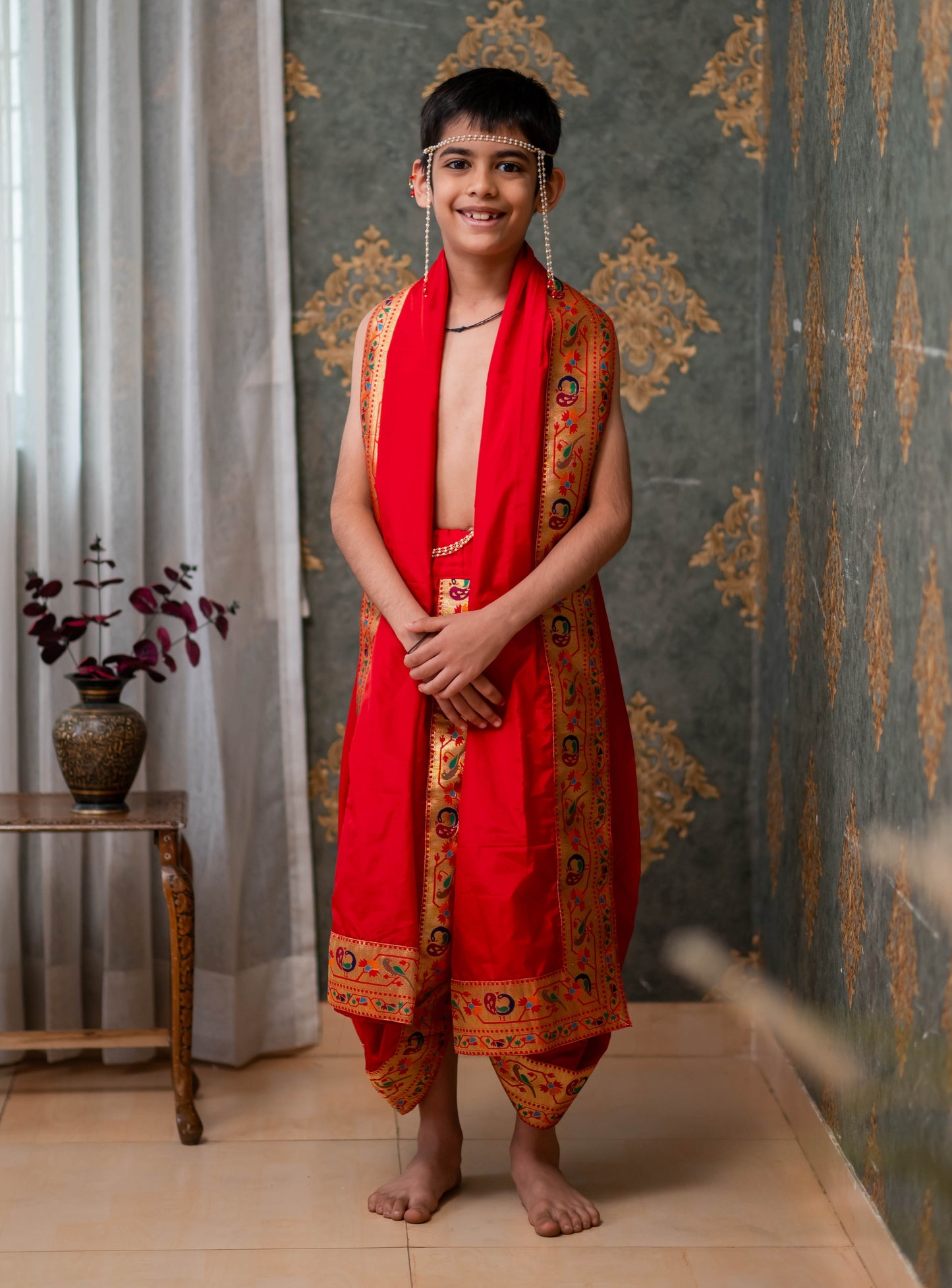 Red Mysore silk sovale uparane set with intricate Peacock Paithani border for Batu