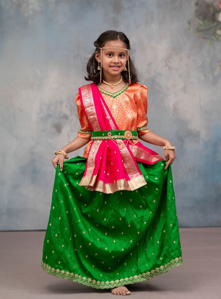 Leaf green soft raw silk ghagra with orange banaras brocade choli and Rani pink coloured chanderi silk dupatta for Brahmavadini