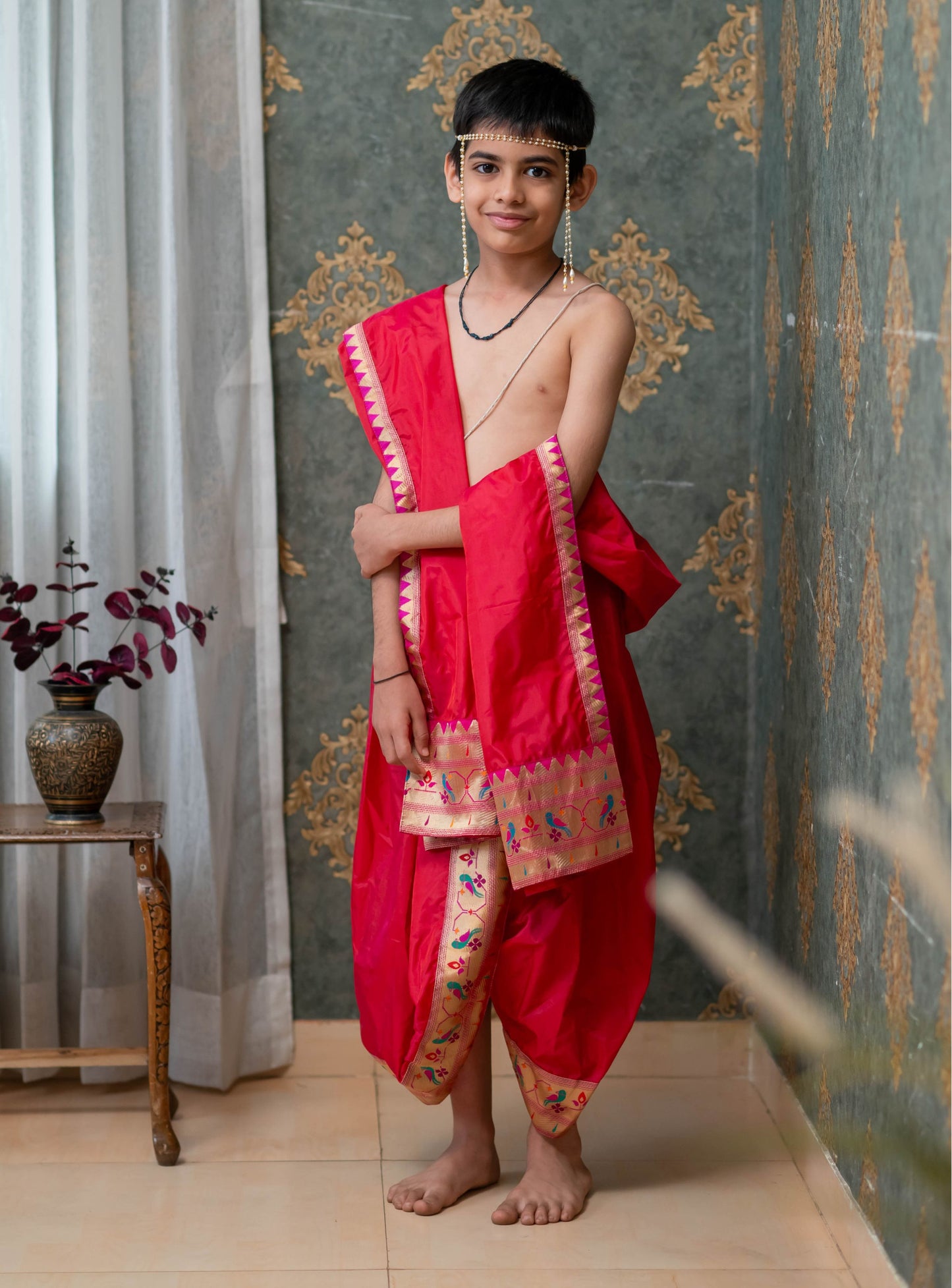 Scarlet Red Mysore silk sovale uparane set with intricate Parrot Paithani border for Batu