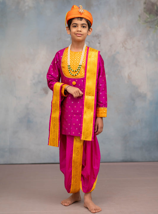 Magenta raw silk with jari butta short kurta with same coloured sovale and shela set with yellow border for Batu