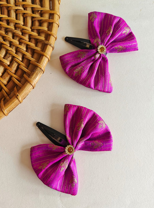 Magenta Set of two brocade fabric bow tic tac clips for Girls  Pair these clips with any partywear, Festive or even casual wear and get going.