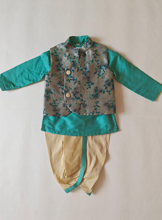 Sea Green cotton silk round neck kurta, Golden cotton silk dhoti with Tussar silk Jacket for Baby Boy.It's the perfect outfit for your baby's naming ceremony,naamkaran,annaprashan ceremony.Traditional dress for Noolukettu Ceremony,Pachavi Puja,cradle ceremony,Rice Ceremony,Chatti Puja etc. Apt gifting idea
