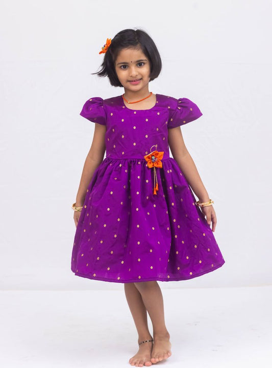 Purple taffeta silk dress with puff sleeves and a handmade fabric flower brooch for Girls