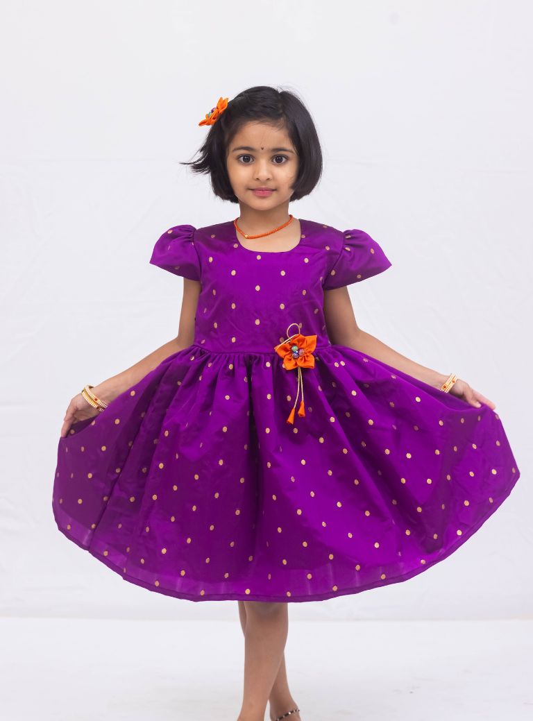 Purple taffeta silk dress with puff sleeves and a handmade fabric flower brooch for Girls