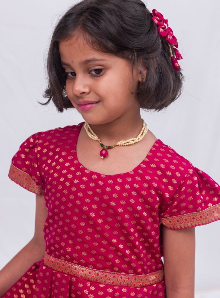 Crimson red chanderi brocade puff sleeves gown with bright pink paithani border for Girls