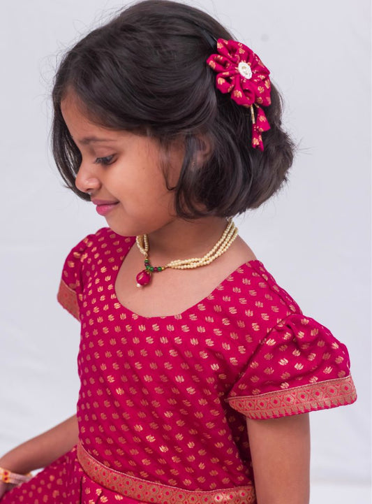 Crimson red chanderi brocade puff sleeves gown with bright pink paithani border for Girls