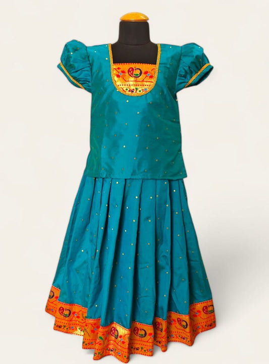 Firozi Brocade silk parkar polka with intricate Paithani border and yoke pattern for girls