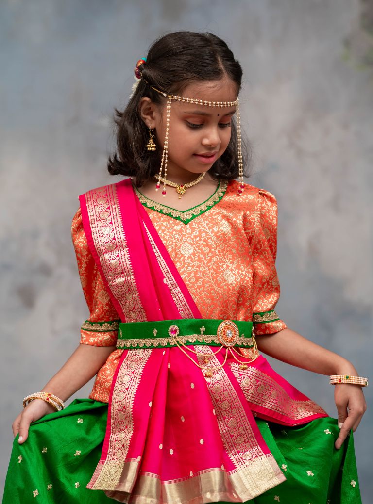 Leaf green soft raw silk ghagra with orange banaras brocade choli and Rani pink coloured chanderi silk dupatta for Brahmavadini