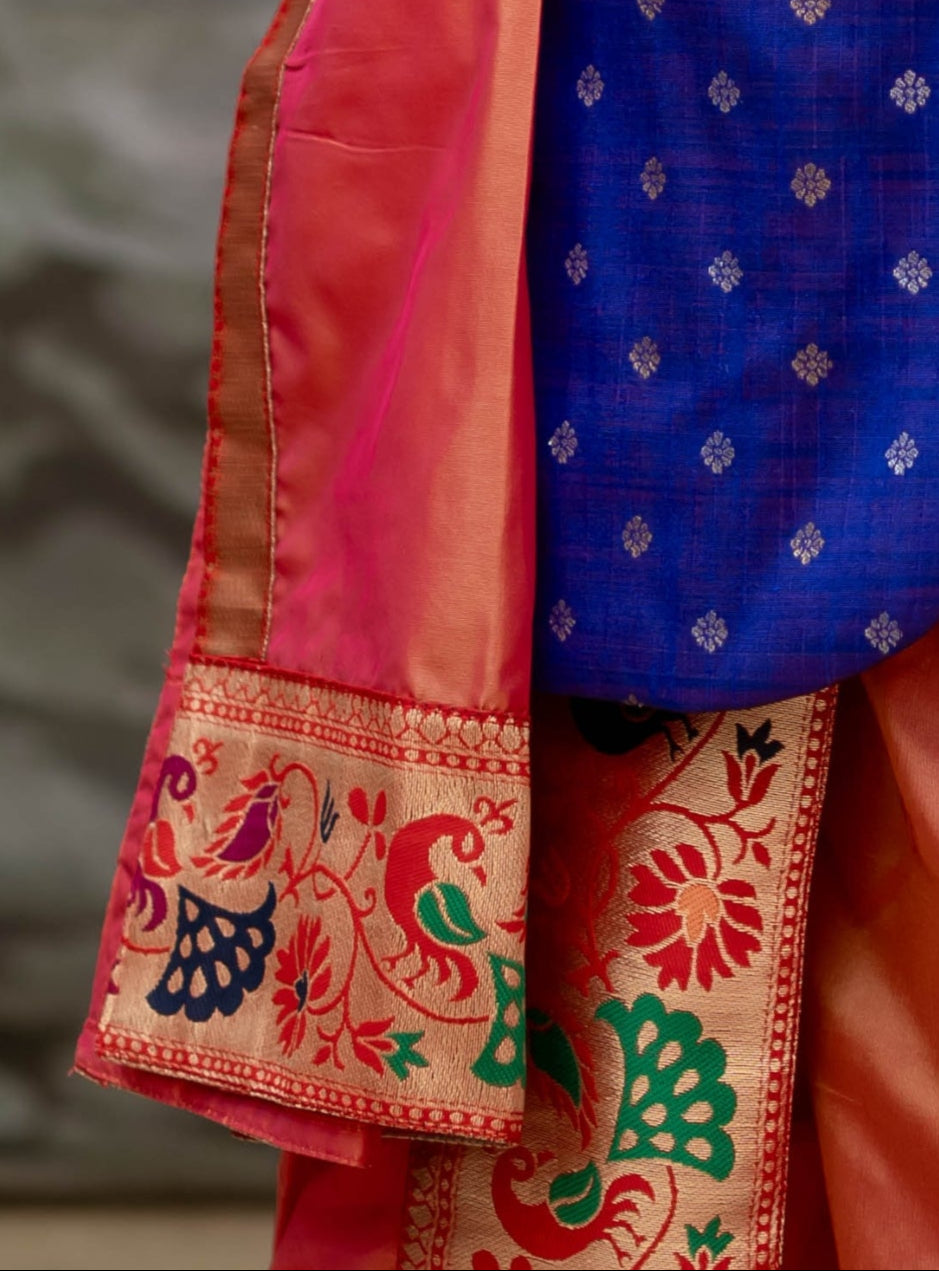 Blush Pink Mysore silk sovale uparane set with intricate Peacock Paithani border for Batu.