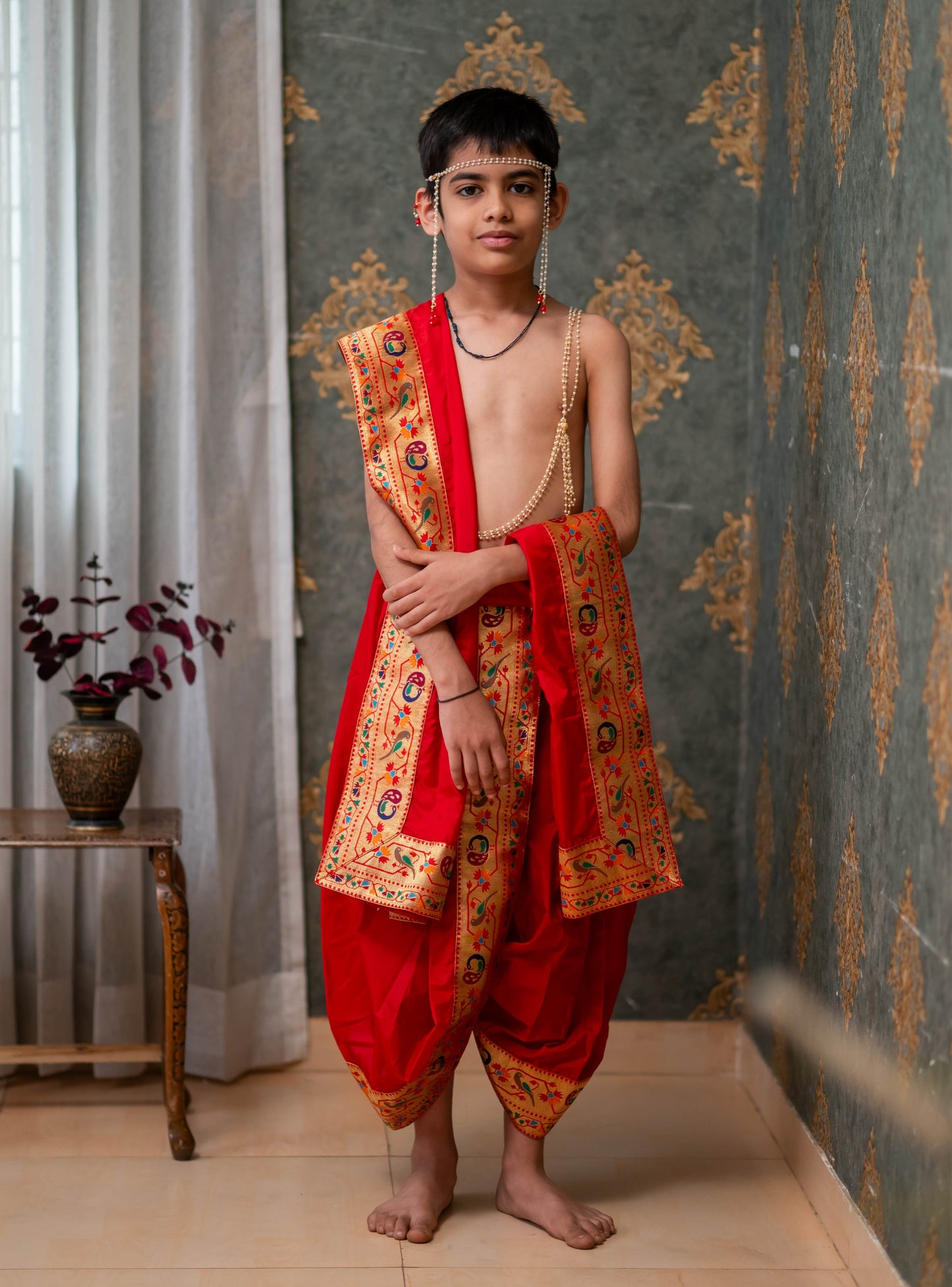 Red Mysore silk sovale uparane set with intricate Peacock Paithani border for Batu