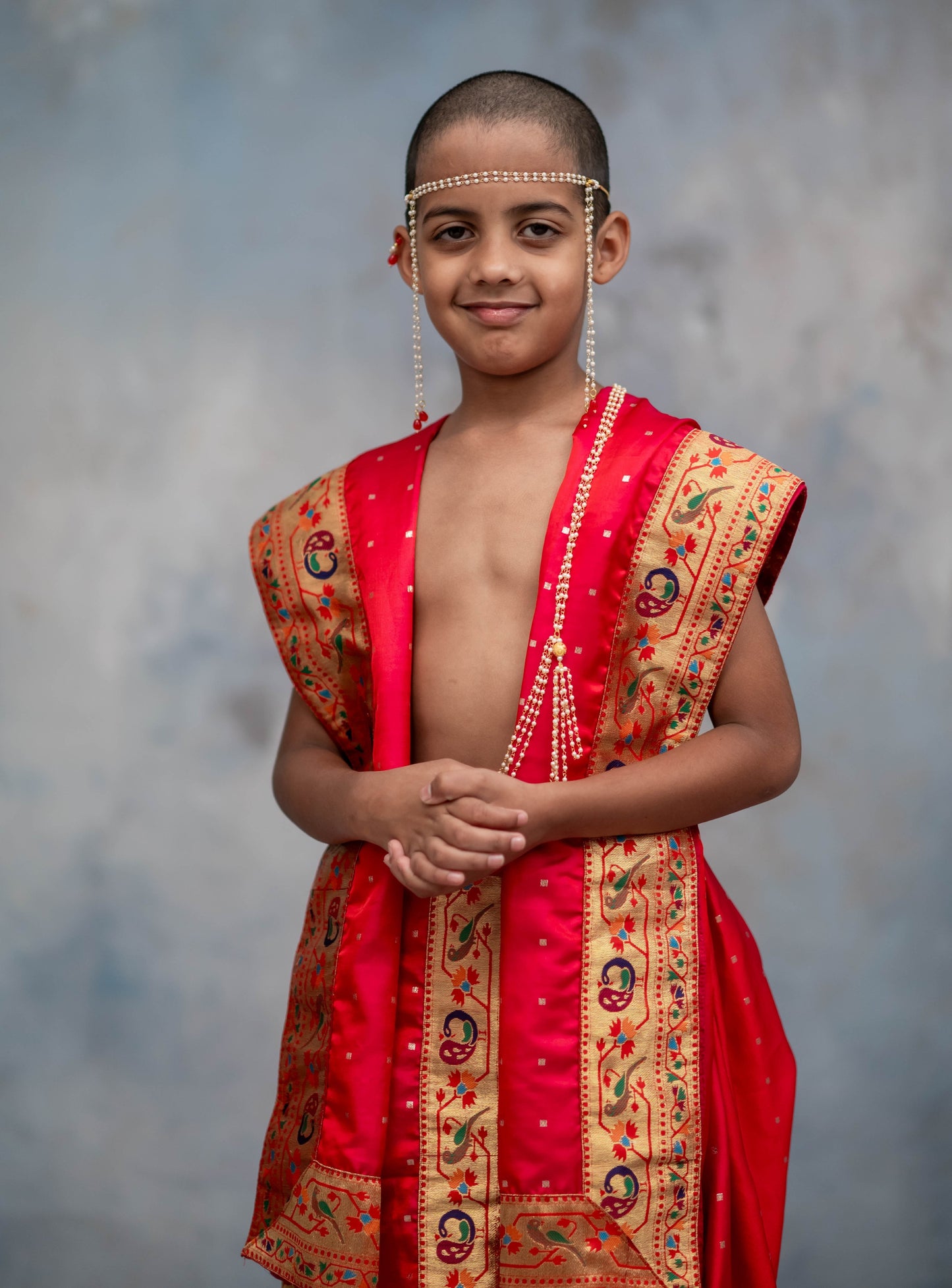 Scarlet red satin taffeta silk  sovale uparane set with intricate parrot peacock paithani border for batu