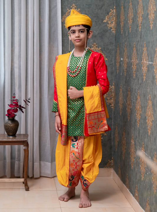 Sunshine Yellow Mysore silk sovale uparane set with intricate Peacock Paithani border and Red raw silk jari butta with green brocade silk paneled front open kurta with highlighted cuffs pattern for Batu.