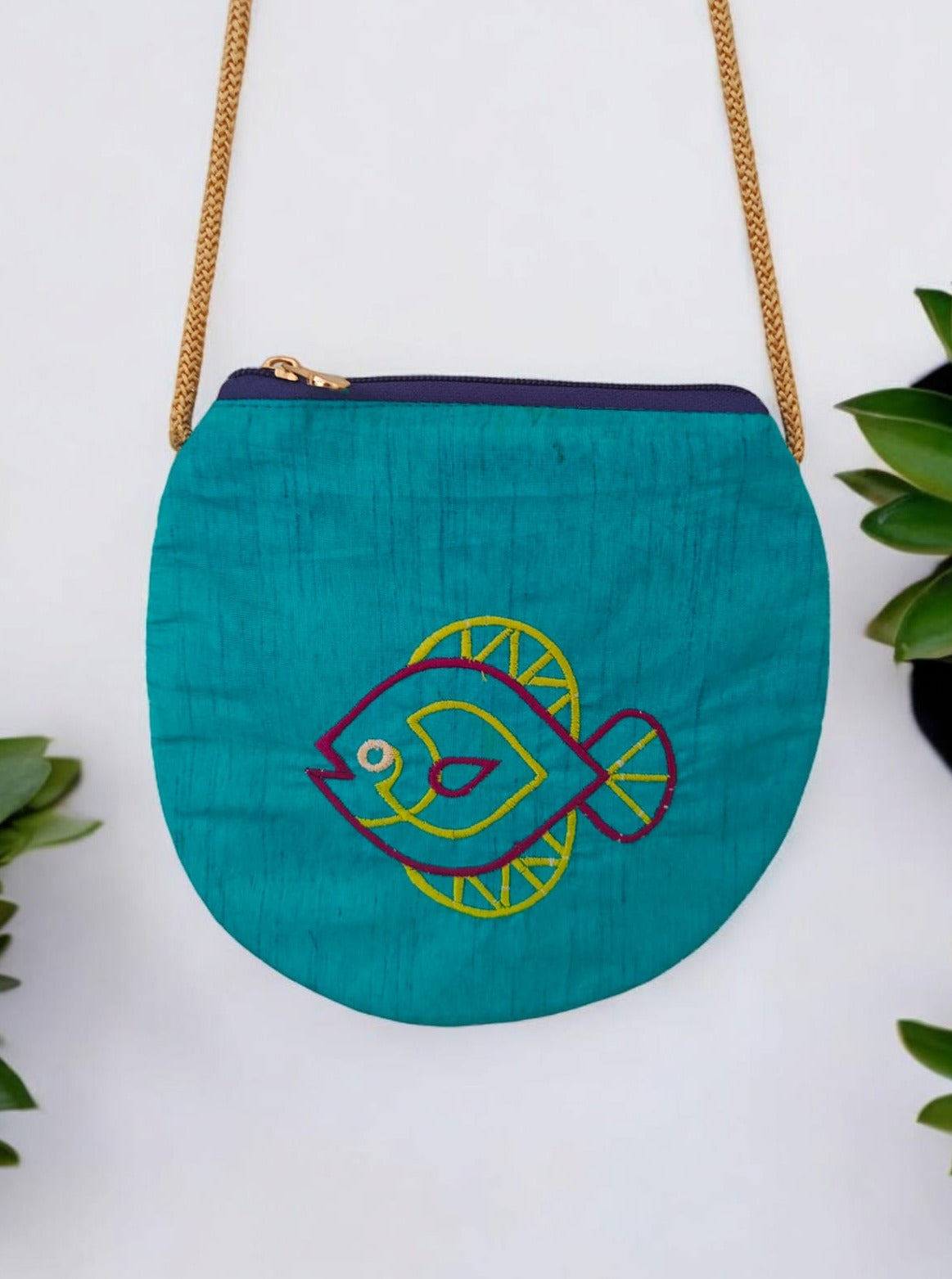 'Fish purse' a cute U shaped palm sized purse with a machine embroidered motif- Sky Blue