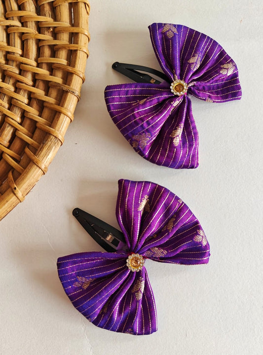 Purple Set of two brocade fabric bow tic tac clips for Girls  Pair these clips with any partywear, Festive or even casual wear and get going.