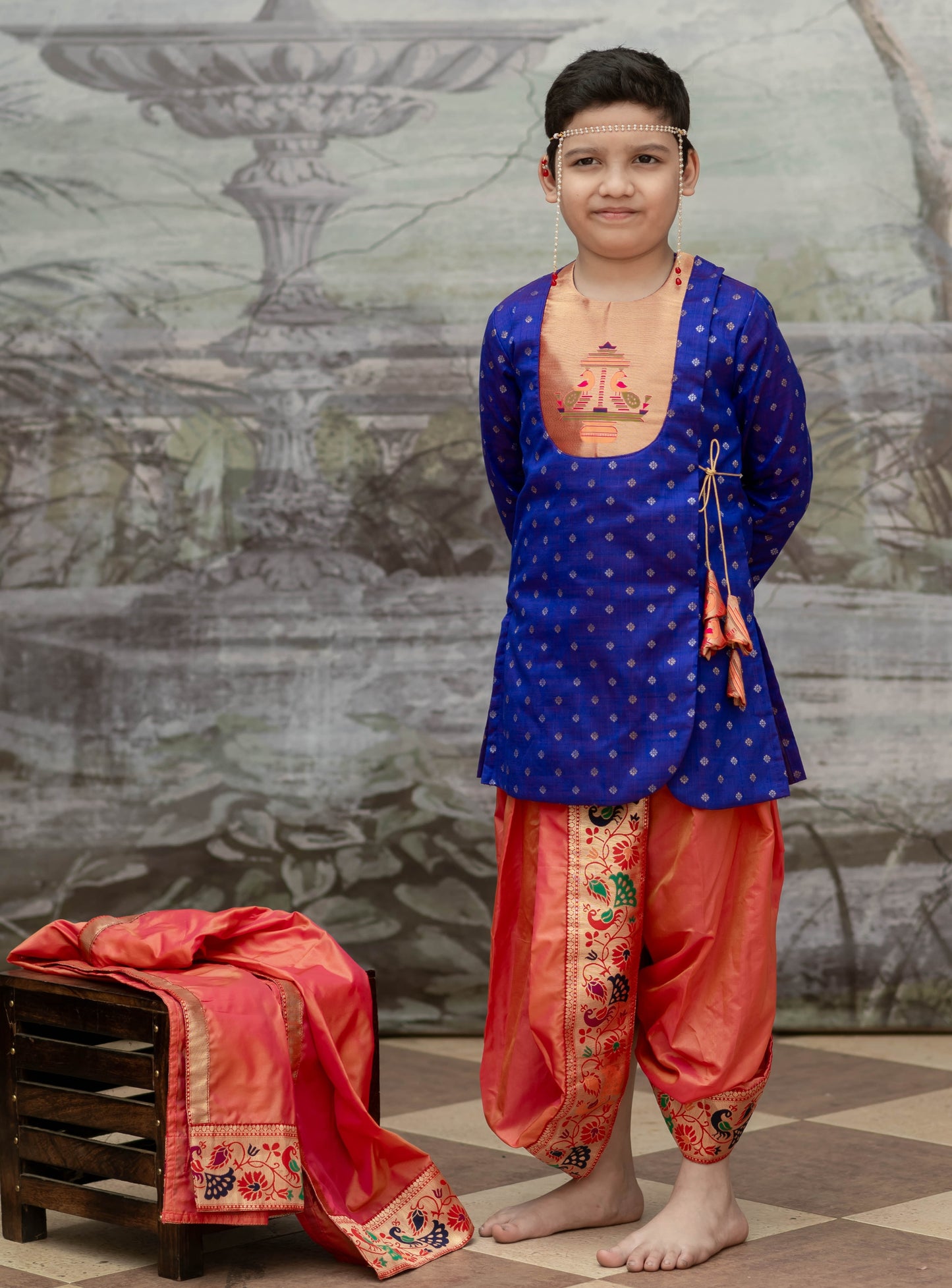 Royal Purple raw silk jari butta, Angarkha short kurta with Paithani yoke for Batu