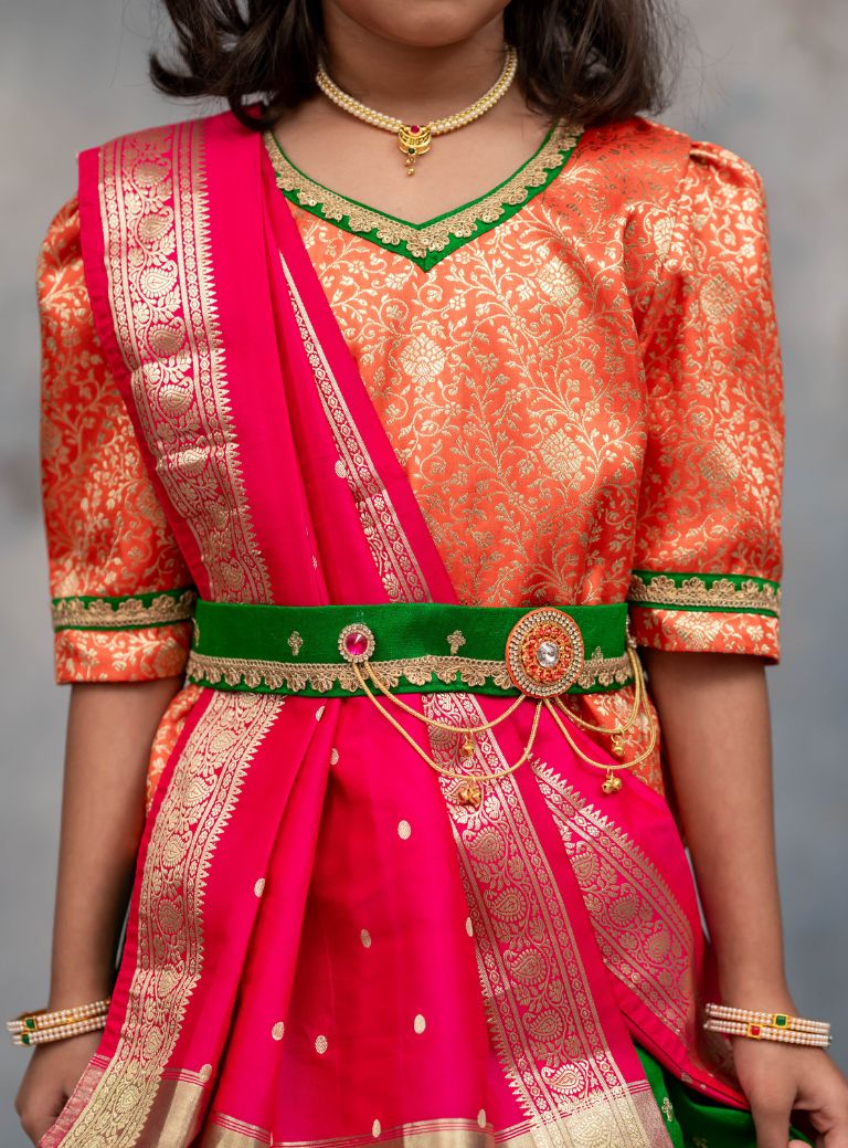 Leaf green soft raw silk ghagra with orange banaras brocade choli and Rani pink coloured chanderi silk dupatta for Brahmavadini