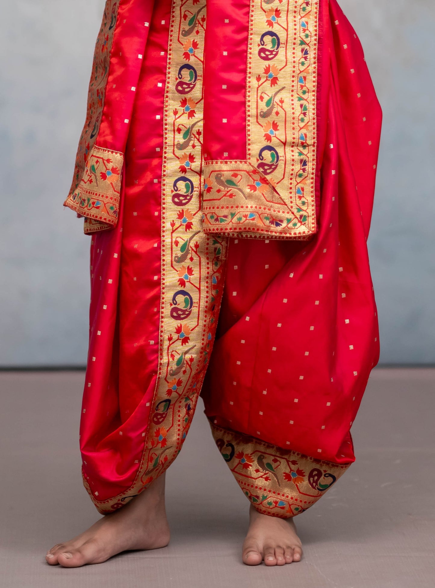 Scarlet red satin taffeta silk  sovale uparane set with intricate parrot peacock paithani border for batu