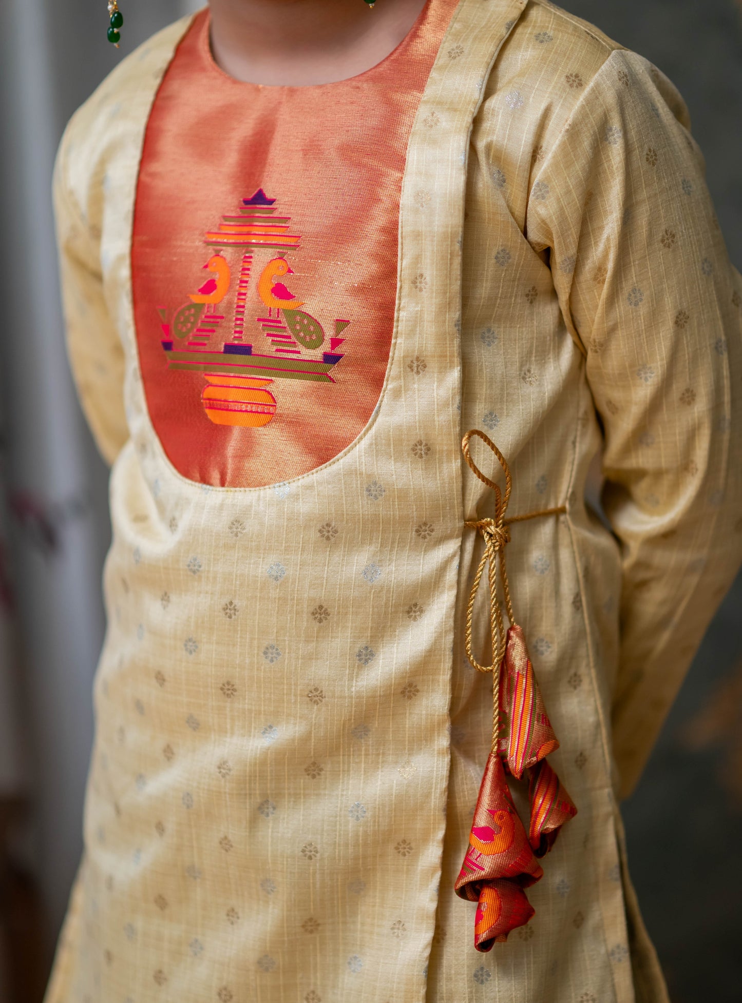 Beige raw silk jari butta, Angarkha short kurta with Paithani yoke for Batu