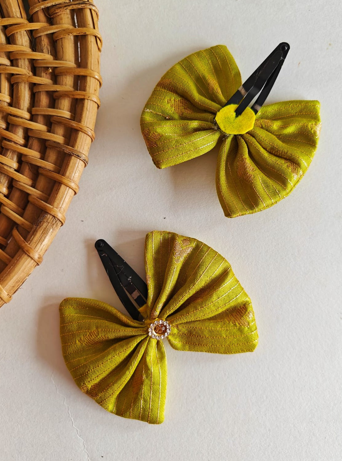 Lime Green Set of two brocade fabric bow tic tac clips for Girls  Pair these clips with any partywear, Festive or even casual wear and get going.