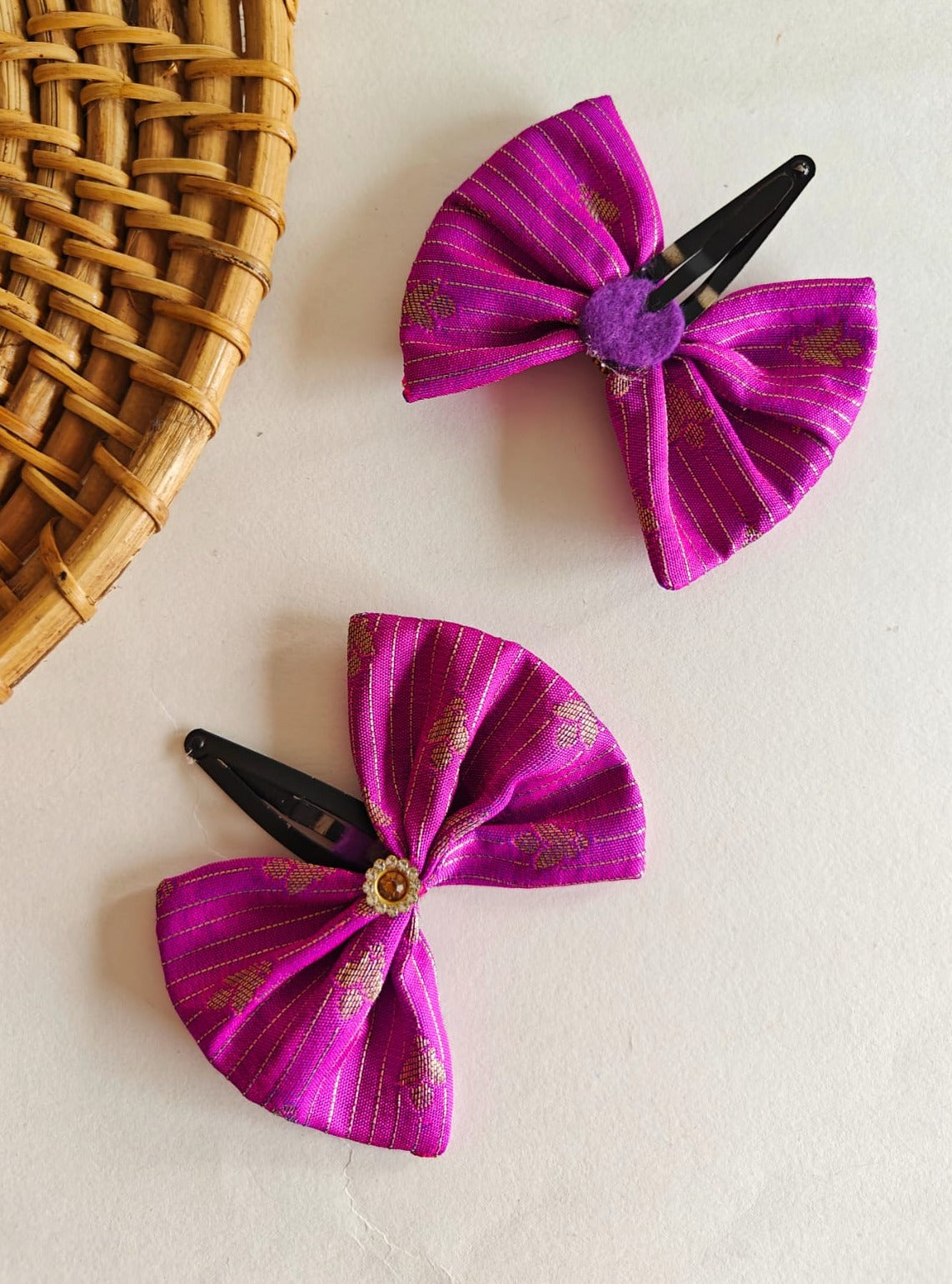 Magenta Set of two brocade fabric bow tic tac clips for Girls  Pair these clips with any partywear, Festive or even casual wear and get going.