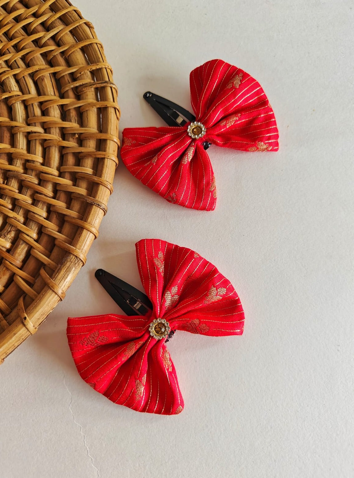 Red Set of two brocade fabric bow tic tac clips for Girls  Pair these clips with any partywear, Festive or even casual wear and get going.