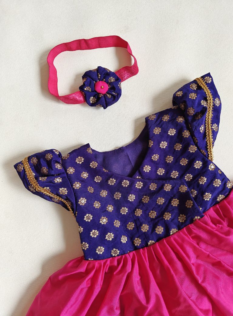 Ink Blue brocade silk bodice with Rani pink malai silk front open Newborn dress with wide brocade