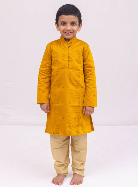 Mustard Yellow  Knife pleated raw silk stand collar kurta with jari buttas for Boys