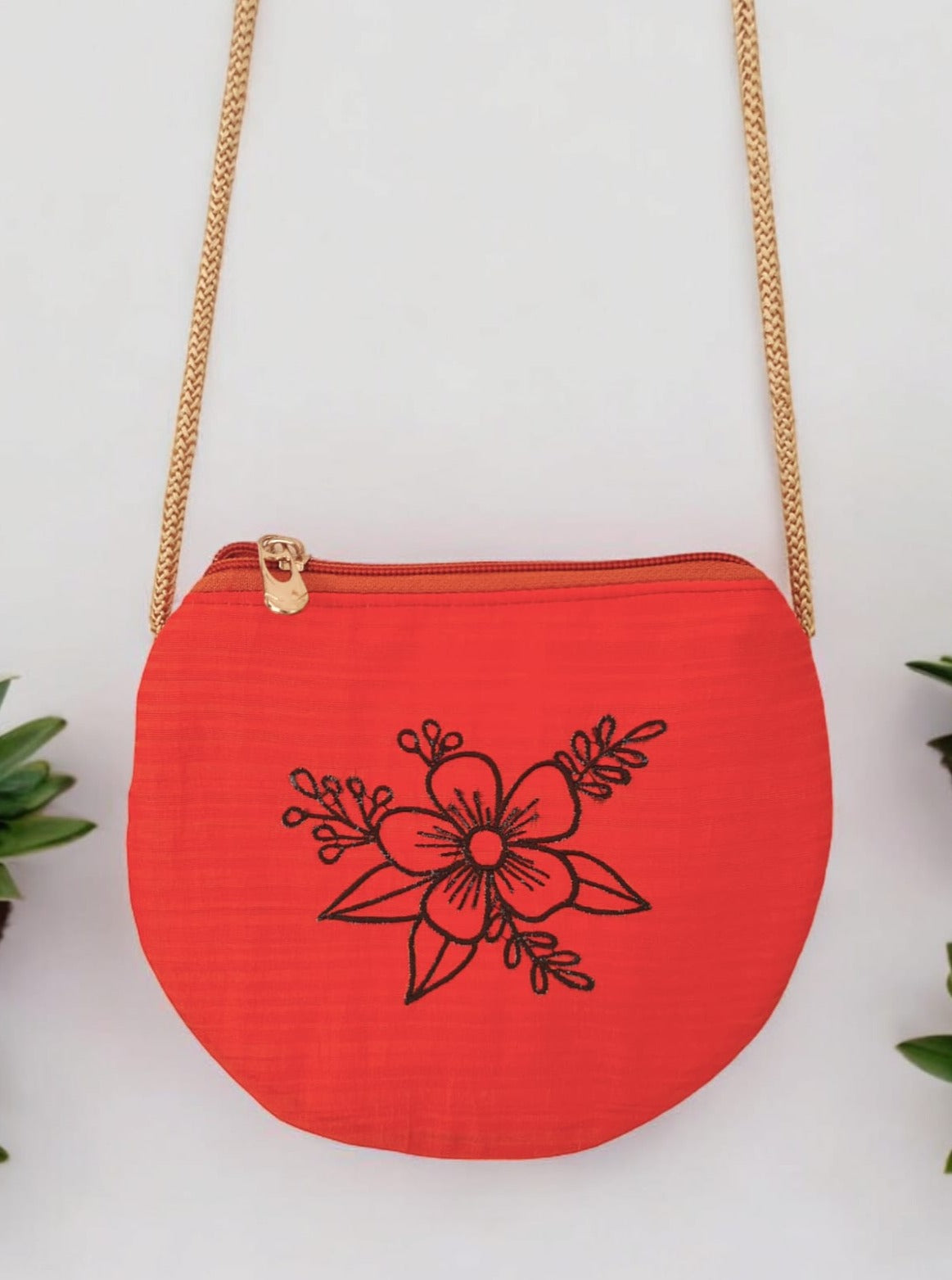 'Flower purse' a cute U shaped palm sized purse with a machine embroidered motif - Orange