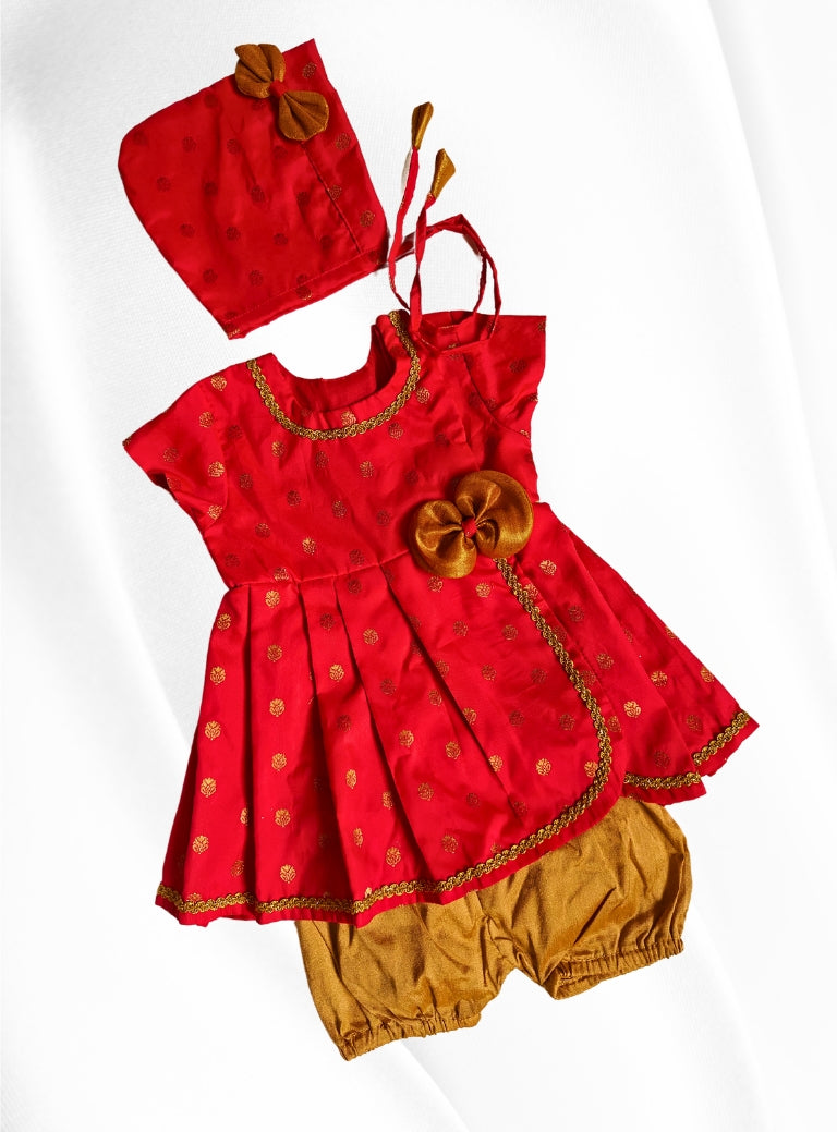 Anvi Set - Red Brocade silk front open box pleated Newborn dress with a cute little bow detailing