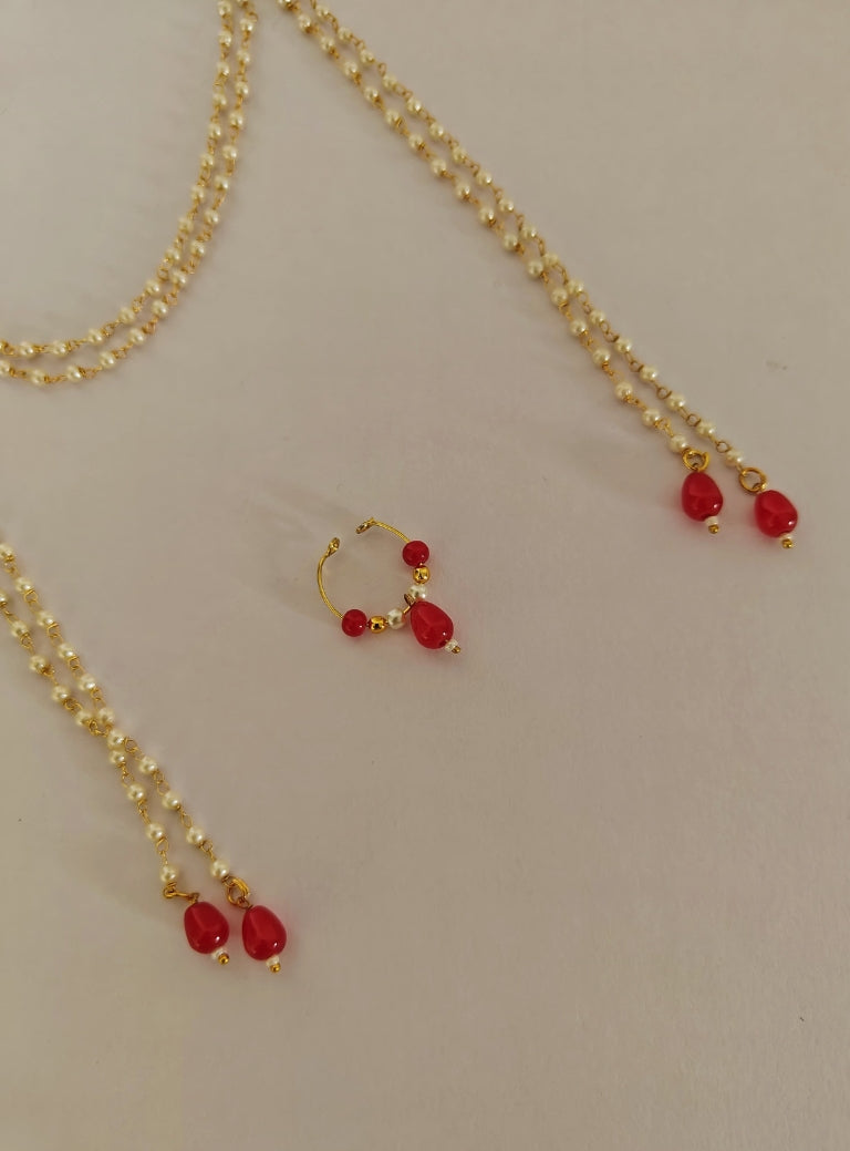 Pearls with Red glass beads Mundavali and bhikbali combo for batu/groom